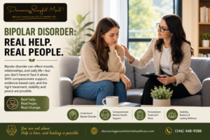 Therapist supporting a person with bipolar disorder during a compassionate mental health counseling session