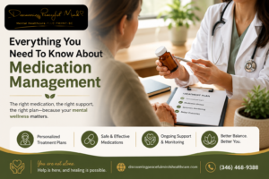 mental health provider discussing medication management treatment with patient during supportive consultation
