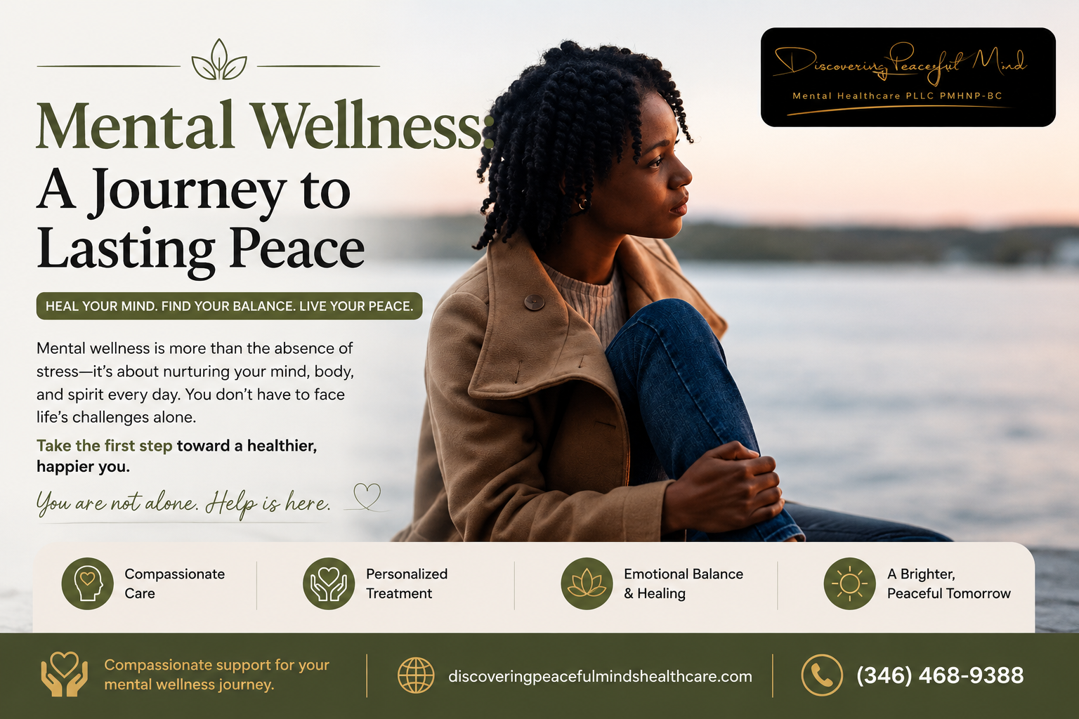 woman reflecting peacefully near water representing mental wellness and emotional healing support